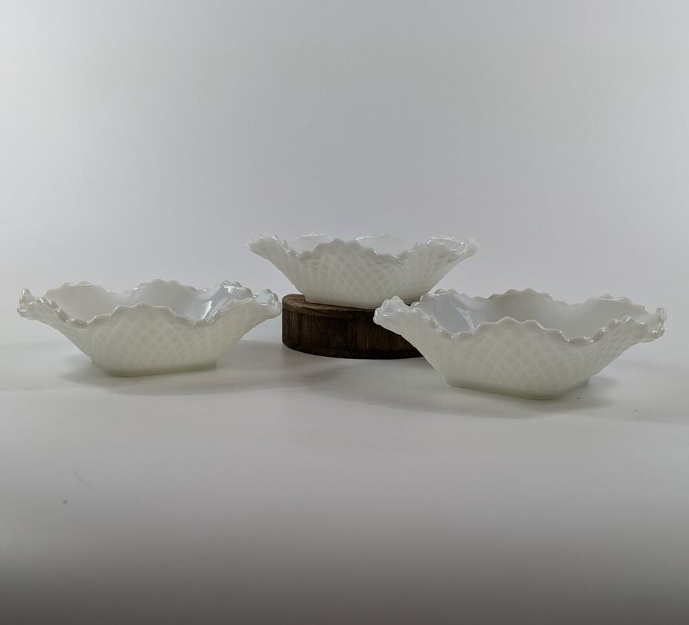 Hazel Atlas Candy Bowls Vtg Milk Glass Diamond Quilt Cut Home Decor MCM Ruffle